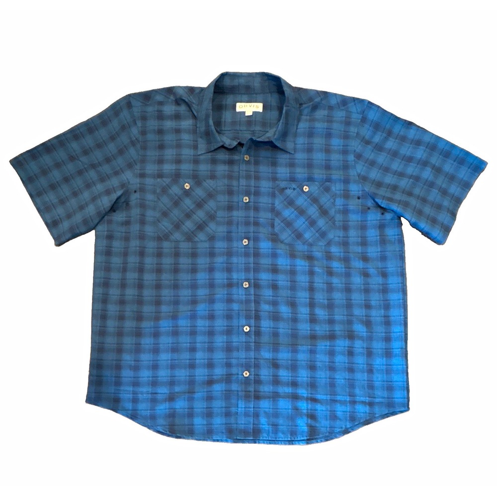 Orvis XL Men's Blue Plaid Short Sleeve Button-Up Shirt Pockets Embroidered